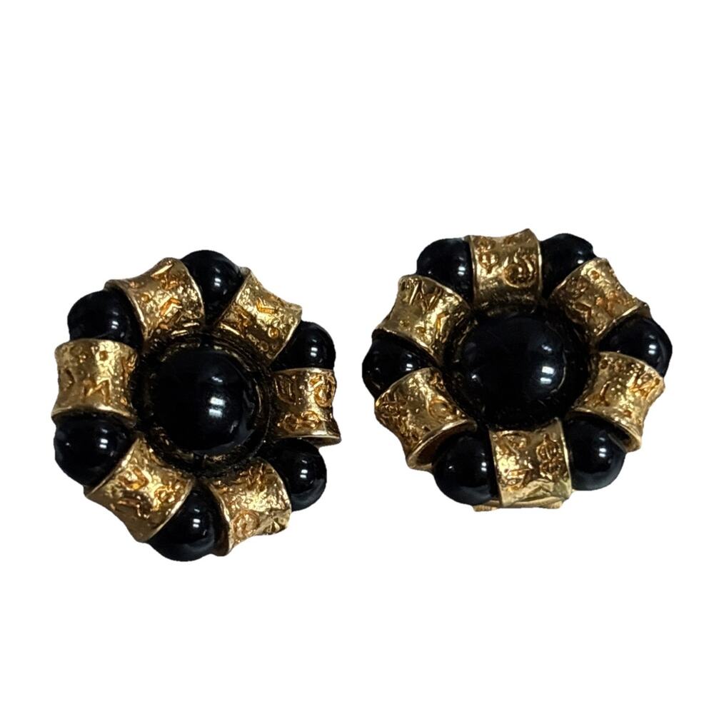 Liz Claiborne Vintage Gold & Black Clip On Earrings Statement Ornate Classic 1”